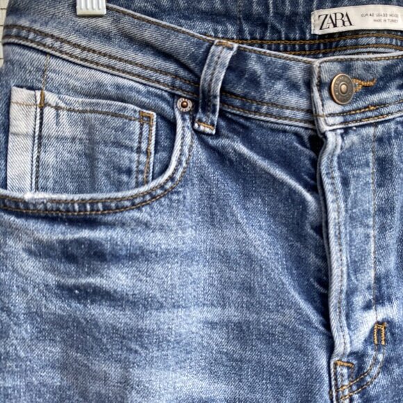 Zara High Rise Jeans Women 32 Distressed Ripped Button Fly Tapered Med Wash - Picture 10 of 16